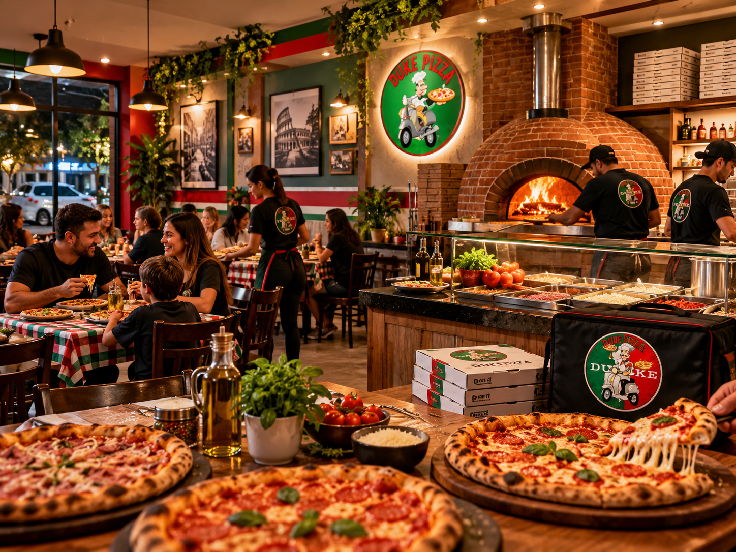 Ambiente da Duke Pizza com clima aconchegante e pizzas artesanais