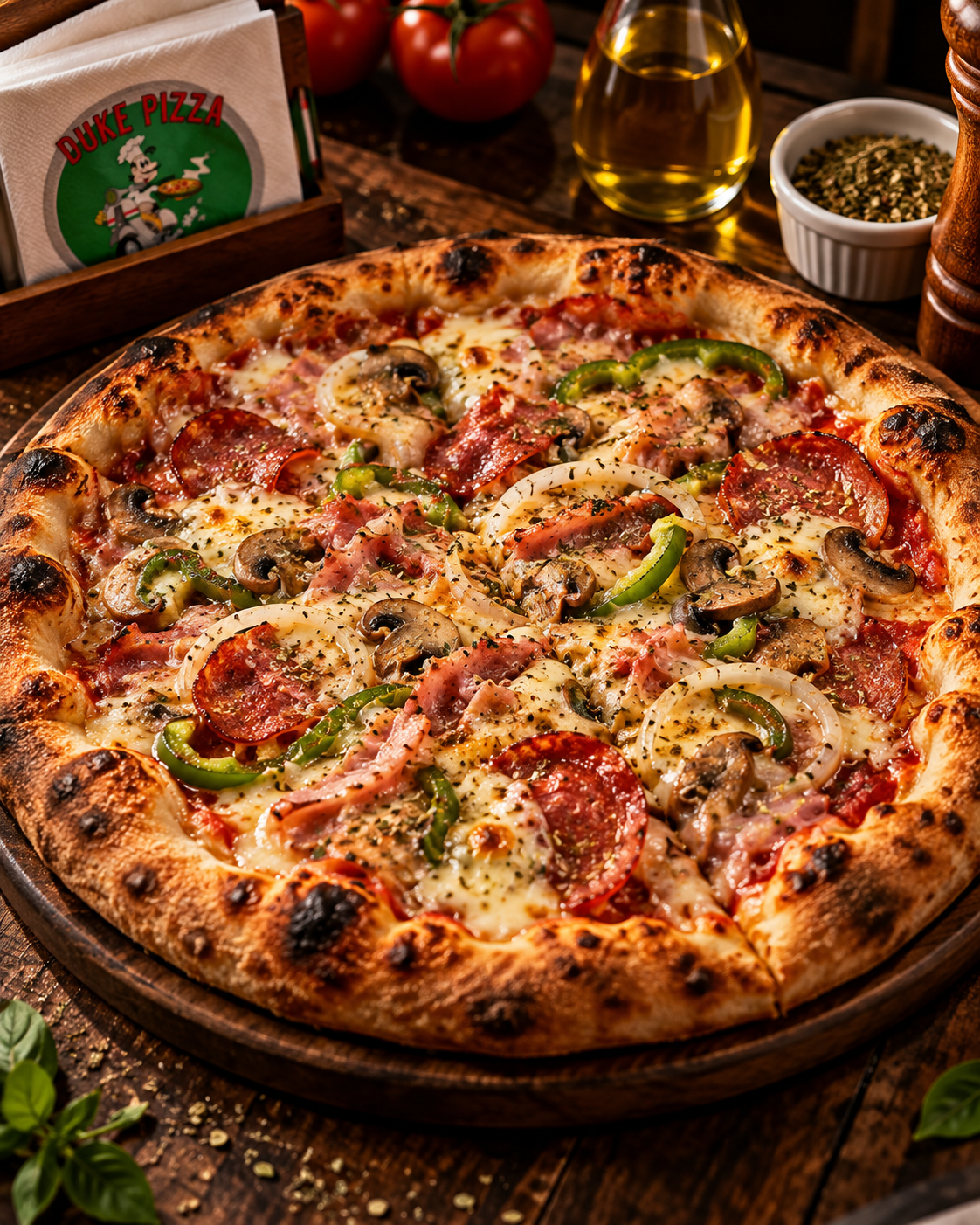 Pizza artesanal Duke Pizza servida em mesa rústica